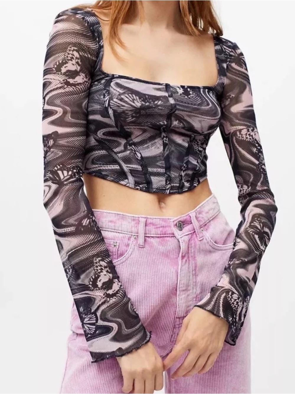 Urban Outfitters Mesh Corset‎ Top Marble Print Long Sleeve Size S